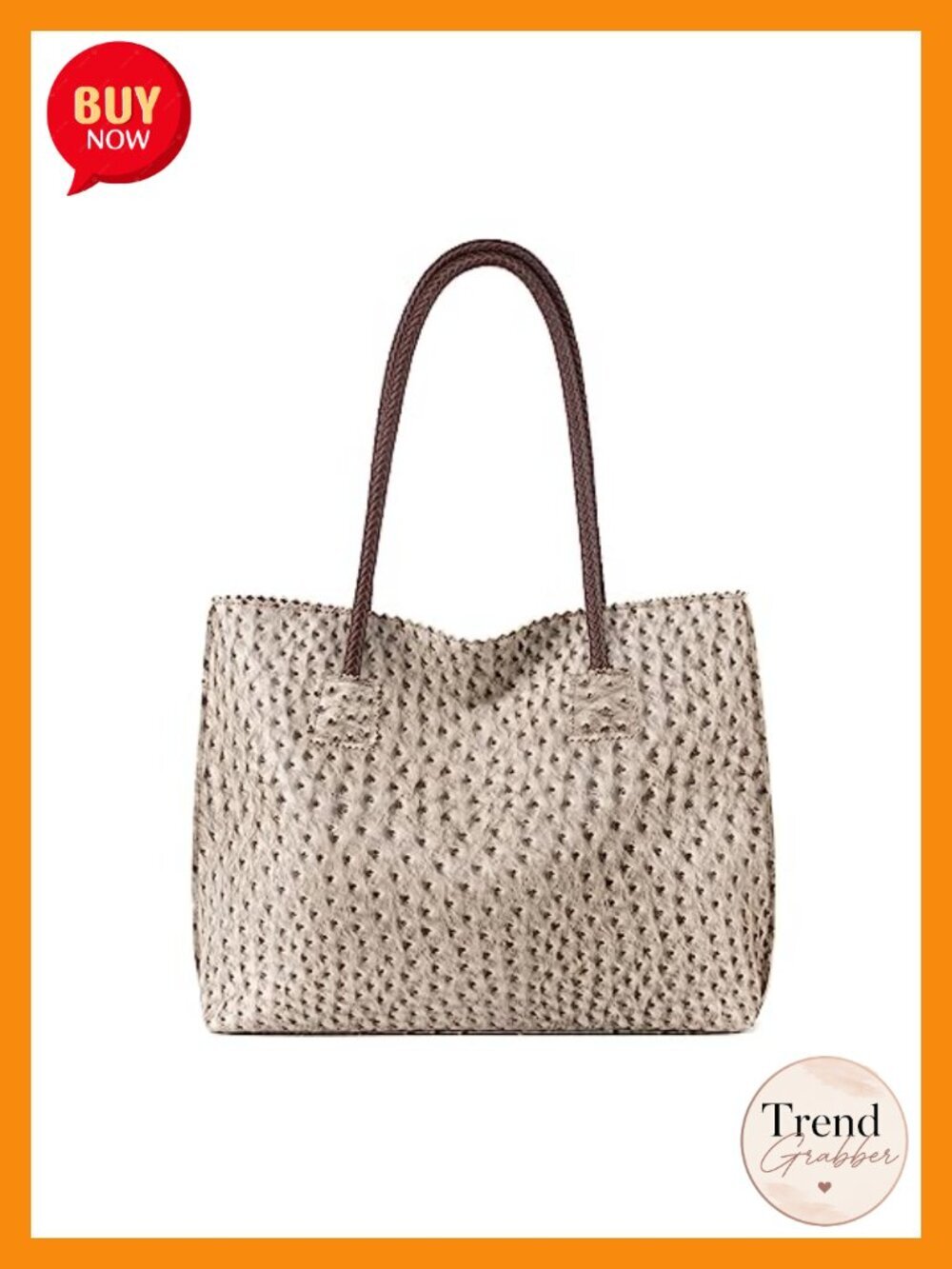 Large Ostrich Vegan Leather Tote with Zipper Shoulder Bag Handbag